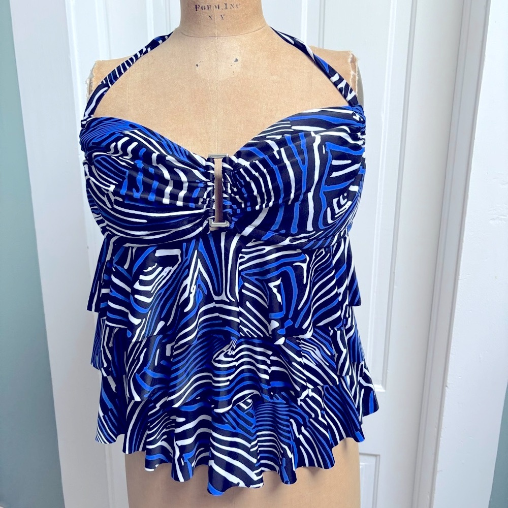 Catalina Women's Swim Top Tankini Halter Top With Black and Blue Abstract Print
